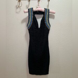 Black Mini Dress with Blue and Gold Embellished Shoulders